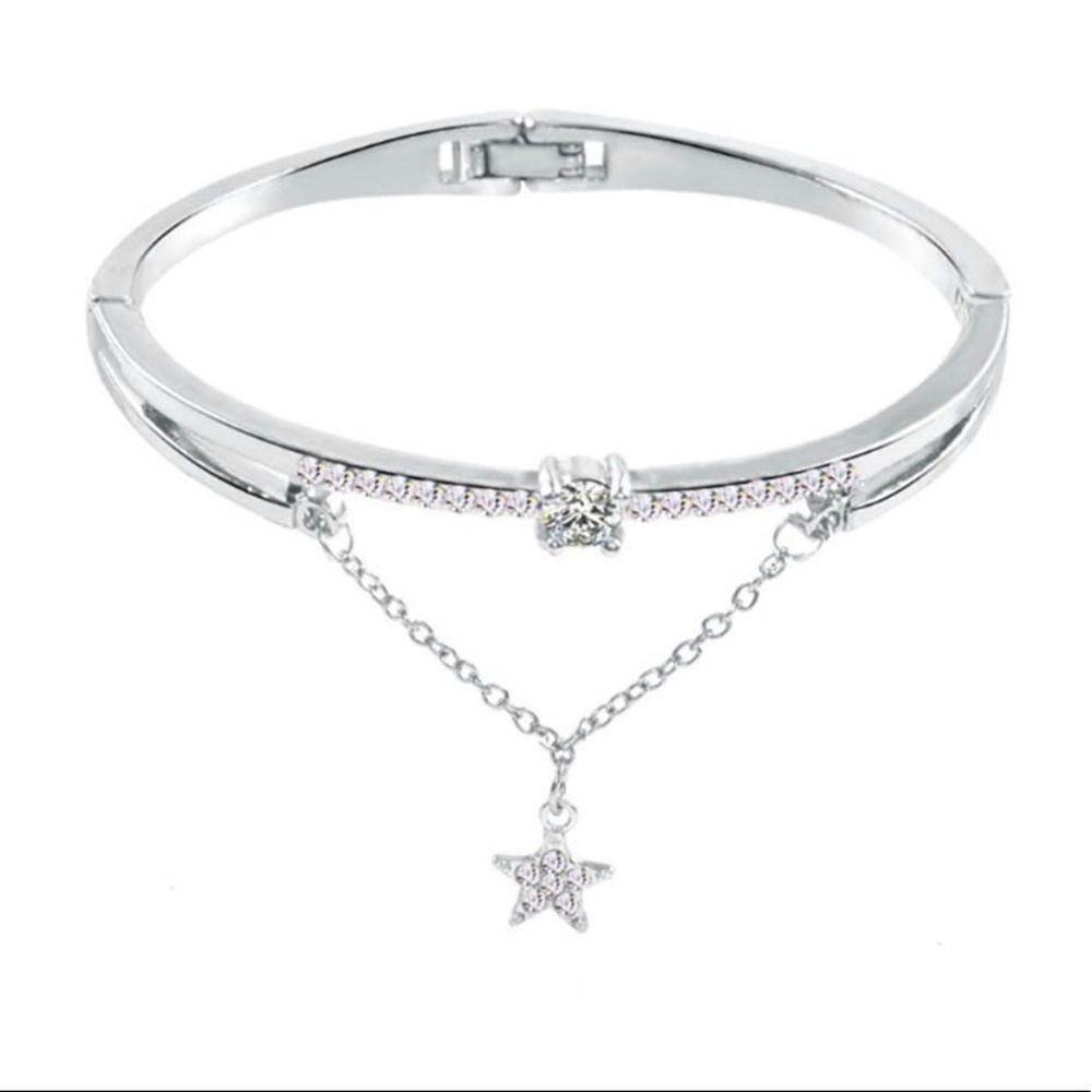 Dangle Drop Chain Star Silver & Rhinestone Crystal Clasp Bangle Bracelet - NEW